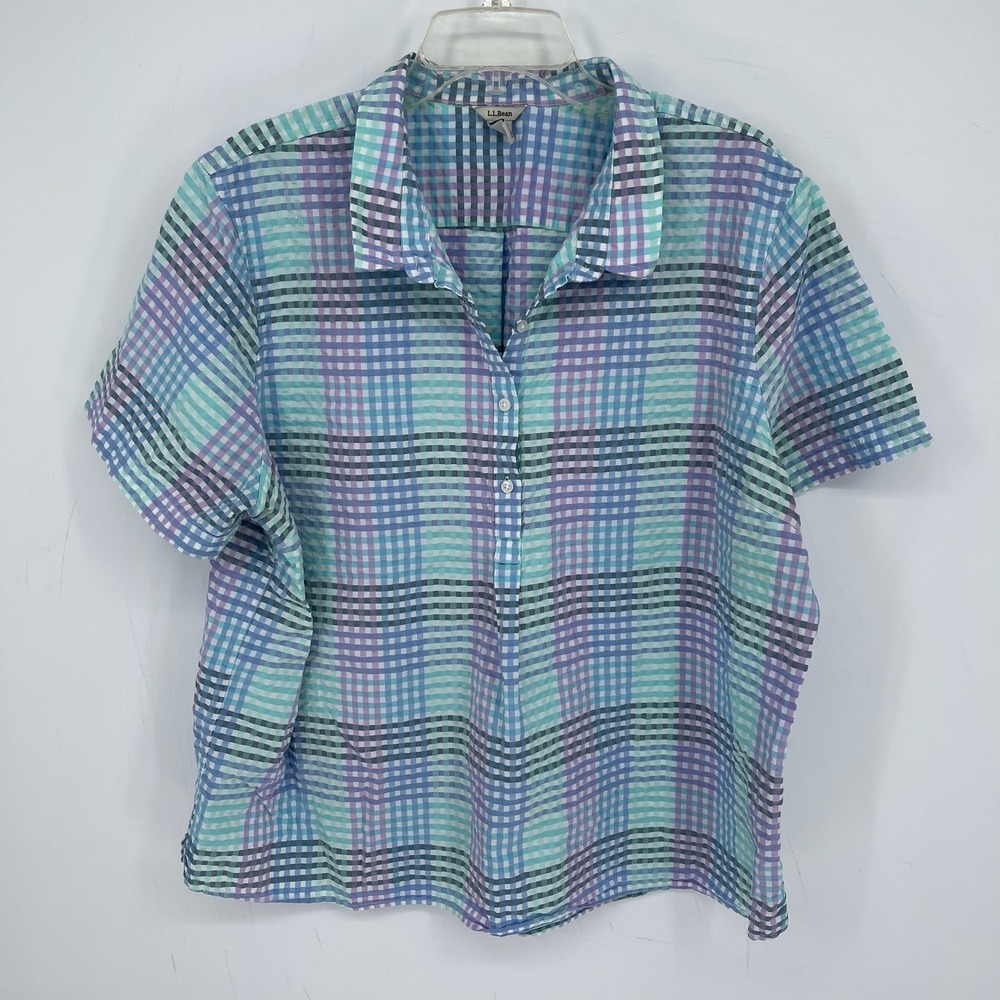 LL Bean Women's Multicolor Plaid Seersucker Button Front Top Shirt Plus Size 2X